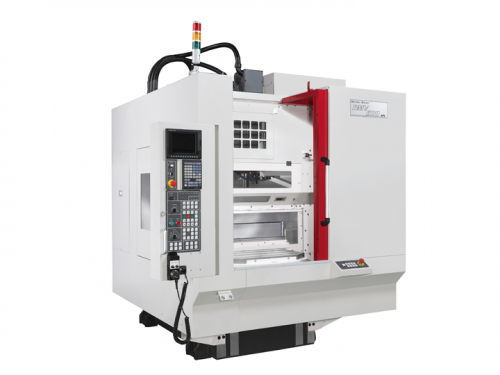 Akira Seiki's RMV500APC Fast Twin Pallet Machining Center is shown in the image. The machines sleek, metallic exterior is adorned with various components and features, including control panels, tooling, and precision mechanisms. The machine's design suggests efficiency and precision, with twin pallets visible for simultaneous machining operations. Overall, it embodies advanced technology and capability in manufacturing.