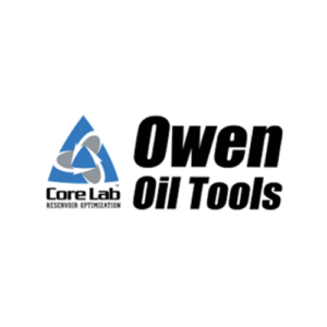 A logo featuring the text 'Owen Oil Tools' in large letters on the right side, with a blue triangular shape containing arrows inside on the left side. Below the triangular shape, the words 'Core Lab' are displayed. The colors used are blue and black.