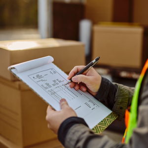 A warehouse employee holding a clipboard with a checklist, with boxes in the background. The image represents quick turnaround and delivery services, reflecting the commitment to meeting deadlines and ensuring on-time project completion.