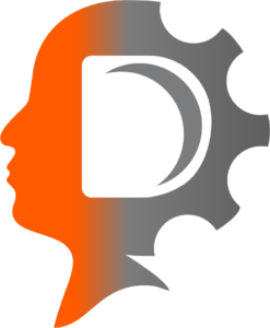 A human profile is depicted on the left side of the image, while a gear-like object is shown on the right side. The colors predominantly used are orange and gray.
